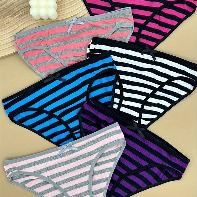 TEMU 6pcs Striped Bow Tie Briefs, Comfy & Breathable Stretchy Intimates Panties, Women's Lingerie & Underwear