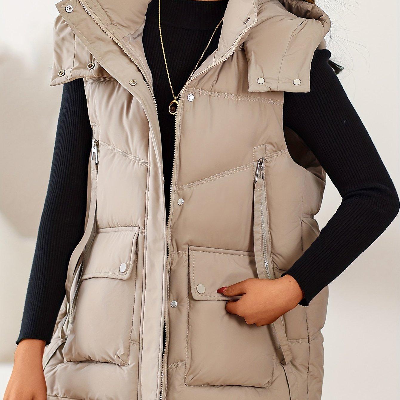 TEMU Plus Size, Plus Size Zipper Stand Collar Padded Coat Vest Solid Color Elegant Sleeveless Vest