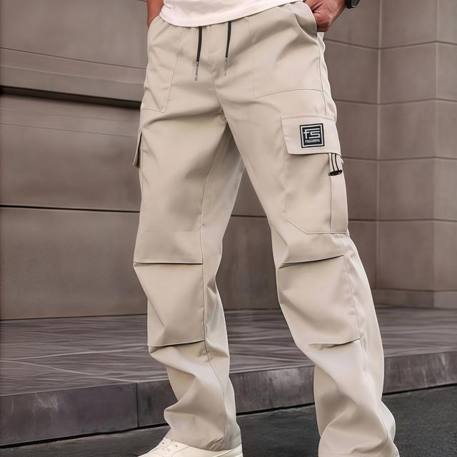 TEMU Herren Freizeit-Cargohosen mit Mehreren & Verstellbarem Kordelzugbund - Lockerer Mid-Rise-Arbeitsstil für Frühling/Herbst, Einfarbige Outdoor- und Freizeitkleidung, Nicht Dehnbarer Stoff