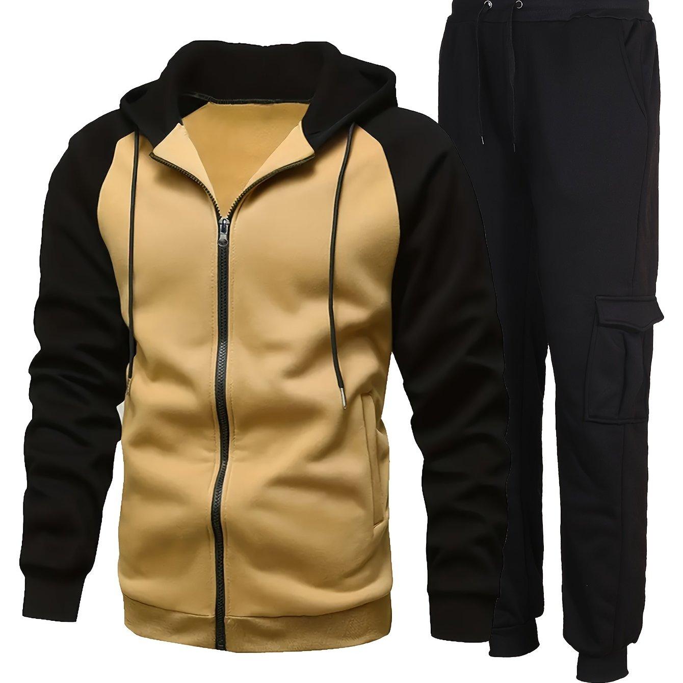TEMU Men's Shoulder Insertion Sleeve Color-matching Pullover Hoodie Sports Suit 2pcs Set Long Sleeve Hoodie And Drawstring Sports Pants