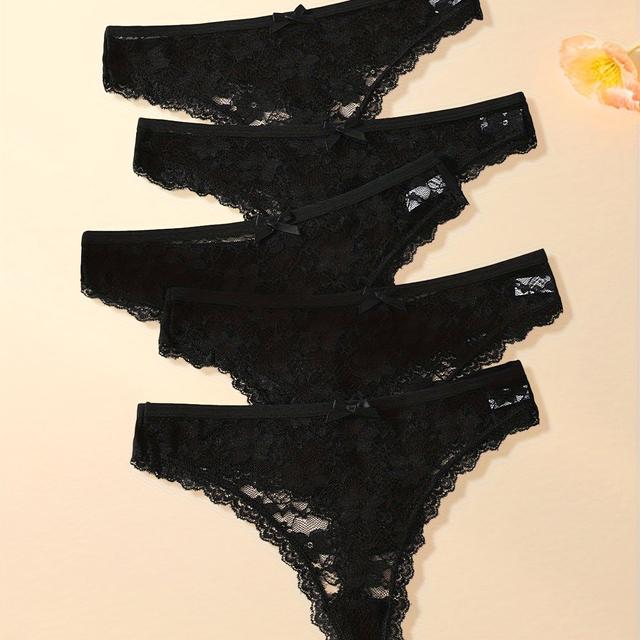 TEMU 5-pack Minimalist Black Lace Sexy Breathable Women's Panties, Fashionable Stretch Underwear For Daily Wear And Beach Vacation