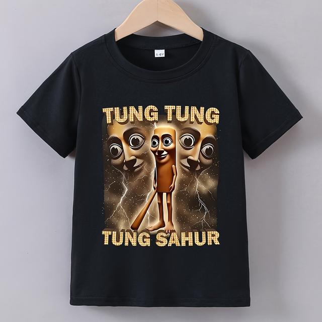 TEMU Boys' Summer Short Sleeve " Road Bartender" Print T-shirt