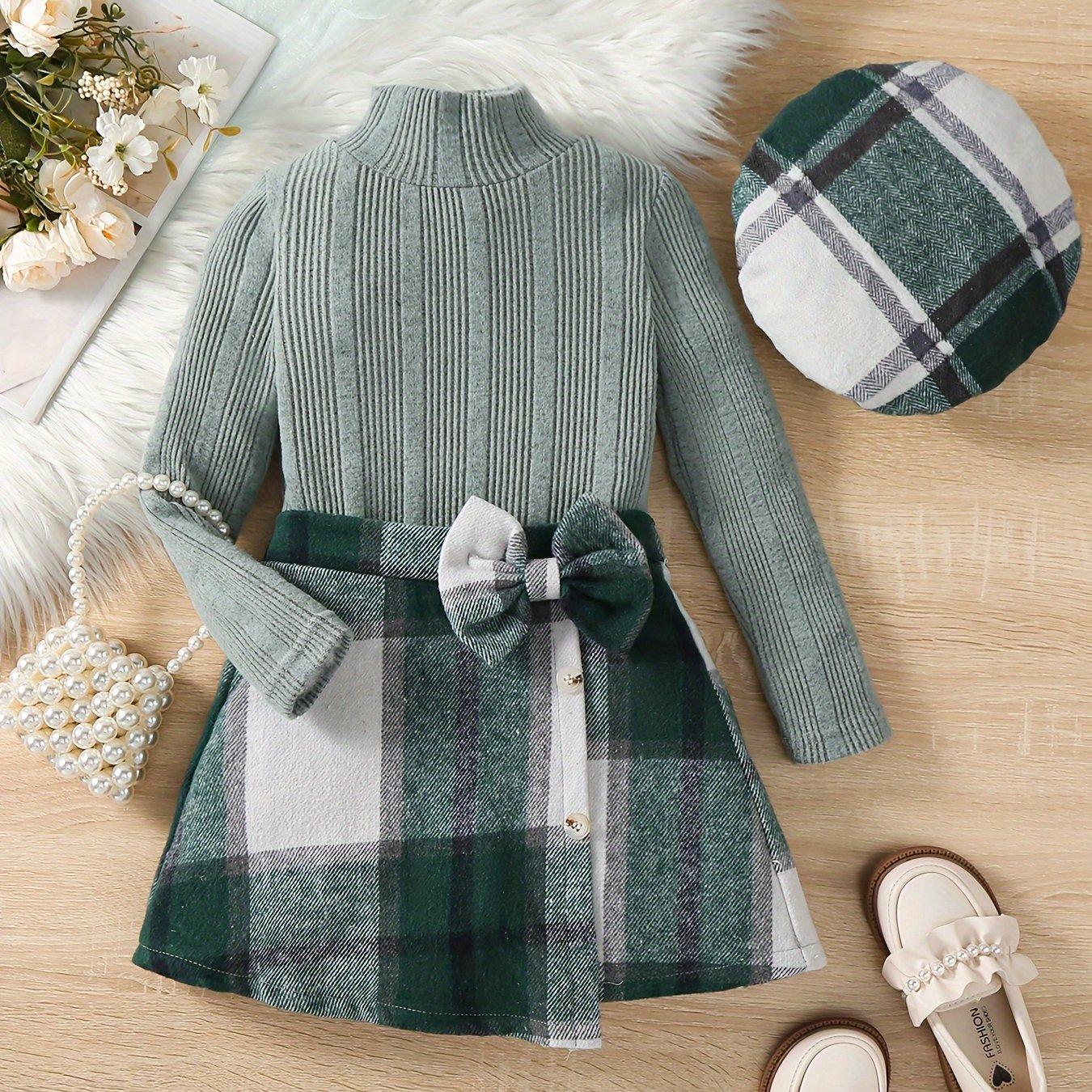 TEMU Girl In A Turtleneck Sweater T-shirt With A Print Skirt And Hat, -piece Set For Autumn And Winter