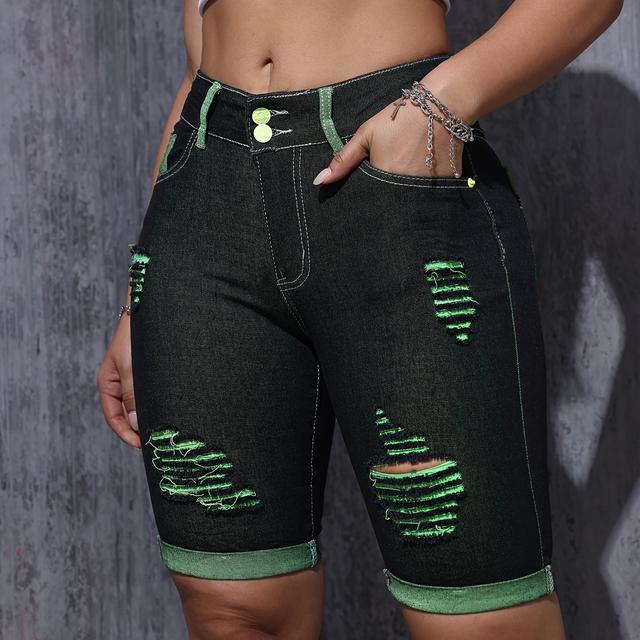 TEMU Shorts Bermuda de Denim Rasgado de Cintura para Mulheres, Estilo Preppy, Elasticidade , Cor Sólida, Fecho de Botão, Corte , , para /Outono