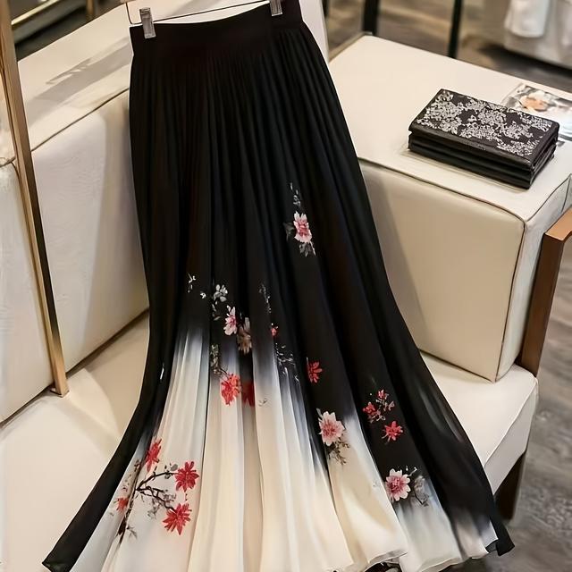 TEMU Designer Print High-waisted Women's Skirt, Elegant Midi A-line Skirt With Layered Chiffon Hem, Wear