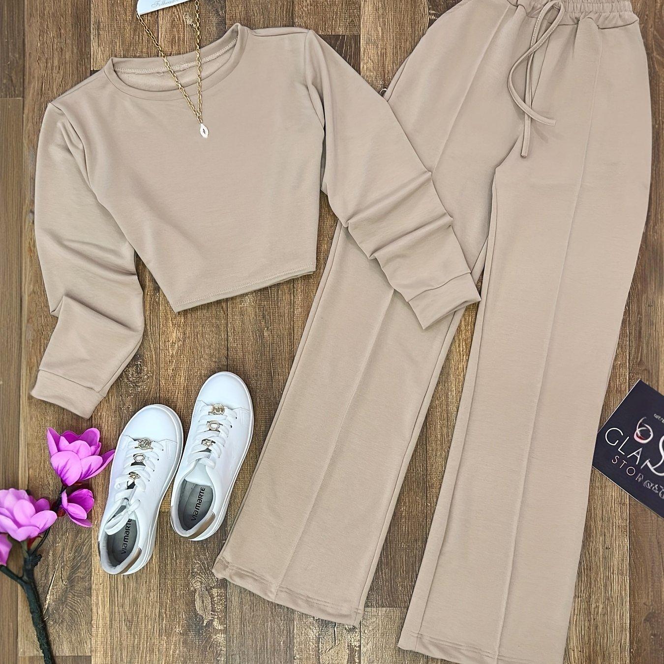 TEMU Damen Y2K Lässiges Elegantes Langarm-Crop-Top mit Rundhalsausschnitt & Hose mit hoher Taille weitem Bein, geeignet für vielseitige Freizeitkleidung
