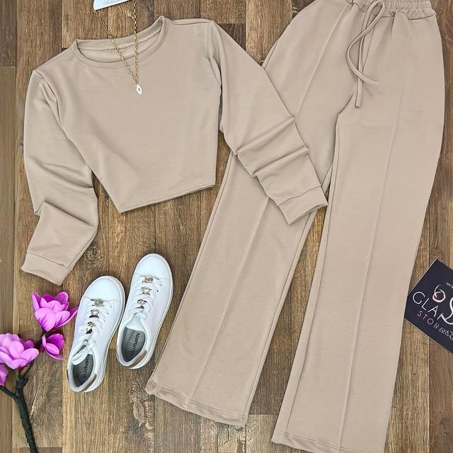 TEMU Damen Y2K Lässiges Elegantes Langarm-Crop-Top mit Rundhalsausschnitt & Hose mit hoher Taille weitem Bein, geeignet für vielseitige Freizeitkleidung