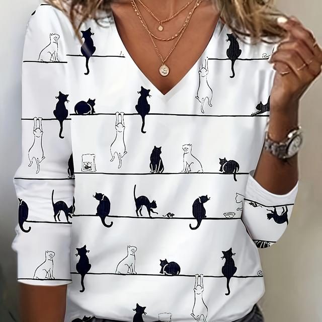 TEMU Plus Size - Plus Size - T-shirt met V-hals en print van een kat, casual