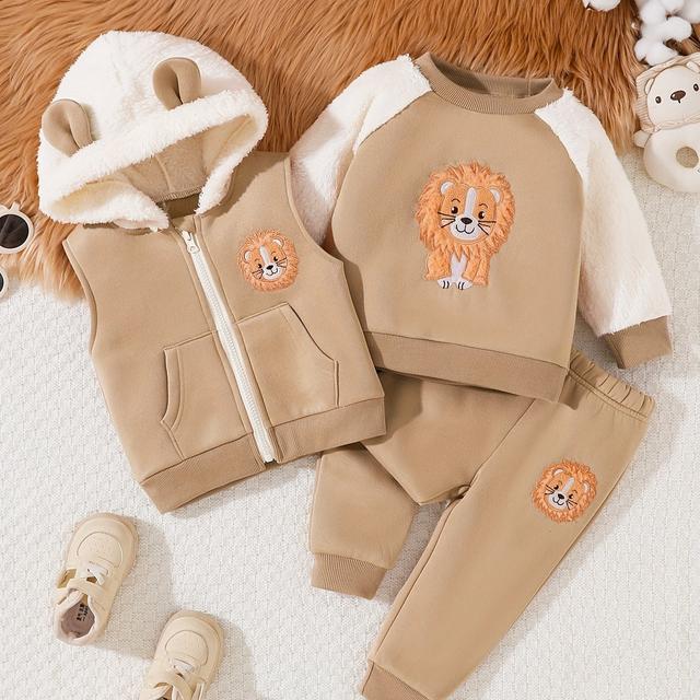 TEMU Boys' Cartoon Lion Embroidery 3pcs Set - Warm Plush Sweatshirt, Hooded Vest & Casual Pants For Fall/winter, 's Clothing Set, Outdoor