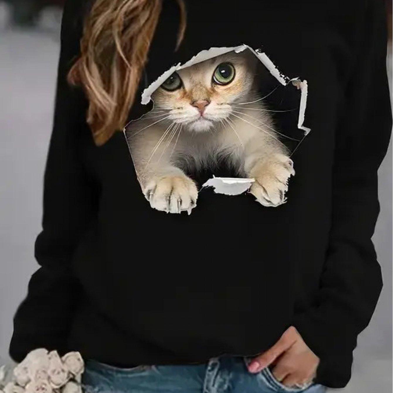 TEMU 【メンズ】猫グラフィック Tシャツ - ソフトストレッチ 、遊び心のあるタビーの猫の顔と足と目デザイン、オール快適フィット、洗濯機洗い可能 カジュアルな服装、猫好き向けのストレッチ生地 (レギュラーフィット)