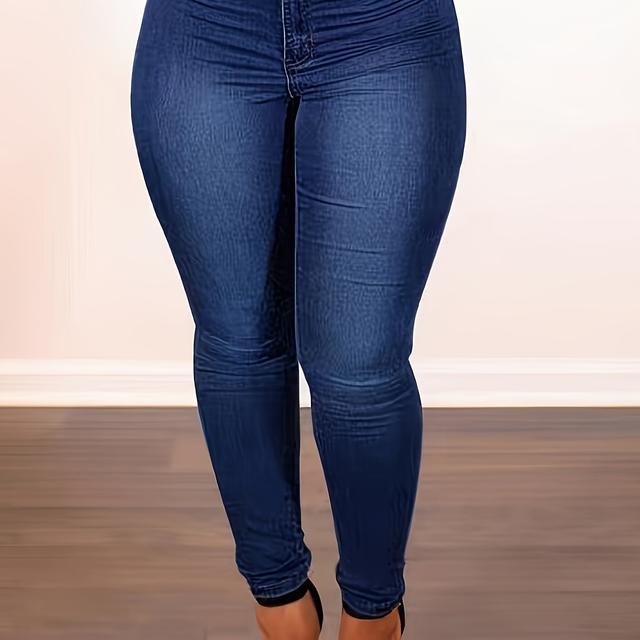 TEMU Women's Plus Size Stretch Denim Jeans - Dark Blue Solid Color, Button Closure, Casual Long Length Pants For Casual Attire, , Durable Fabric