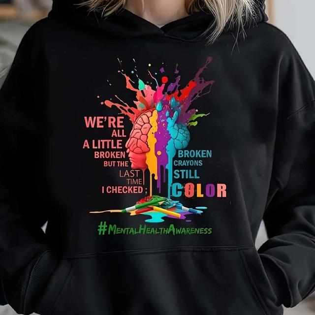 TEMU Brain & Inspirational Quote Hoodie - Mental Health Awareness, Cozy Polyester Long Sleeve Pullover With Kangaroo Pocket, Casual Fit For Womenhoodies For Men