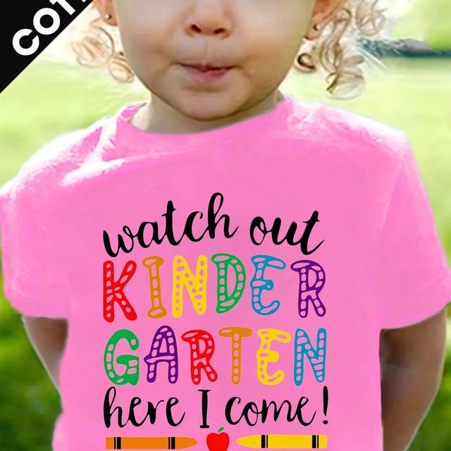 TEMU Start Of Summer 100% Cotton T-shirt "watch Out Kindergarten Here I Come!" Print Comfortable Breathable Round Neck, Shortsleeved T-shirt