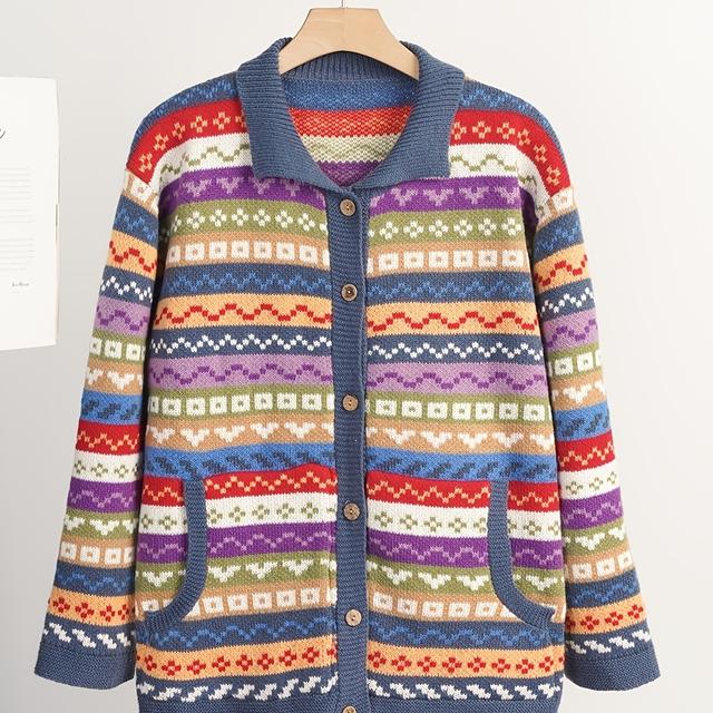 TEMU Cardigã Plus Size Vintage com e Jacquard Fair Isle Confortável