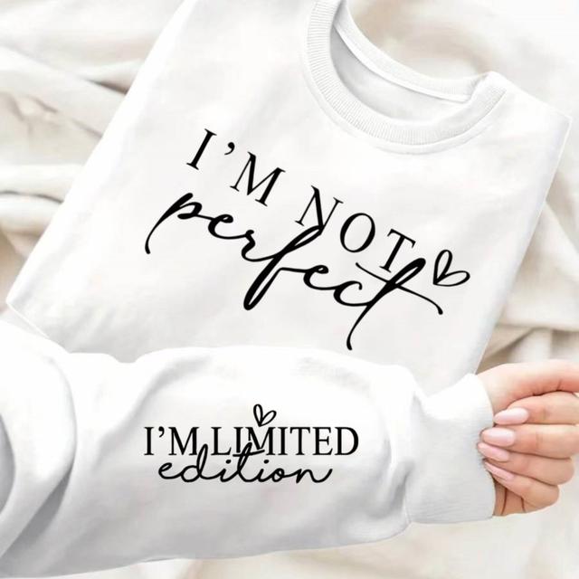 TEMU Women's " Perfect" Crew Neck Sweatshirt - White With Print, Relaxed Fit Casual Pullover, Machine Washable For Fall & Spring, Everyday Apparel, Print, Durable Wear