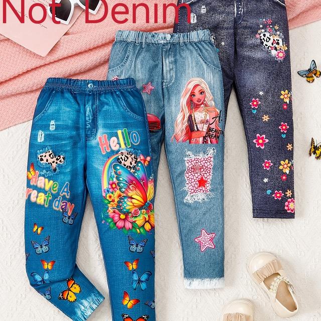TEMU Girls' 3pcs Cartoon & Print Denim-printed Leggings - Stretchy, Machine Washable, Play & Cycling - Cute Gift Idea, Outdoor