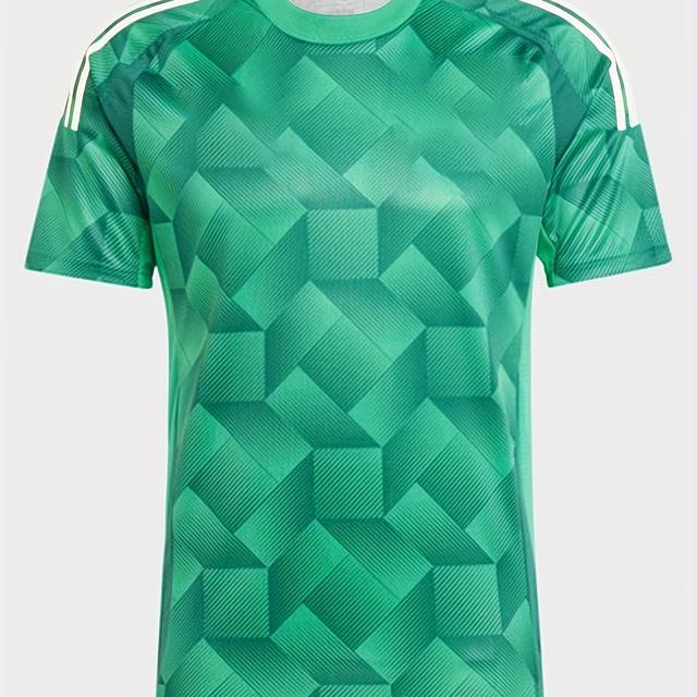 TEMU Men's Summer Soccer Jersey - 100% Polyester , Green With White Geometric Pattern, Regular Neck Short Sleeve For Casual & Football Games, Casual Sports Jersey, Durable Sportswear