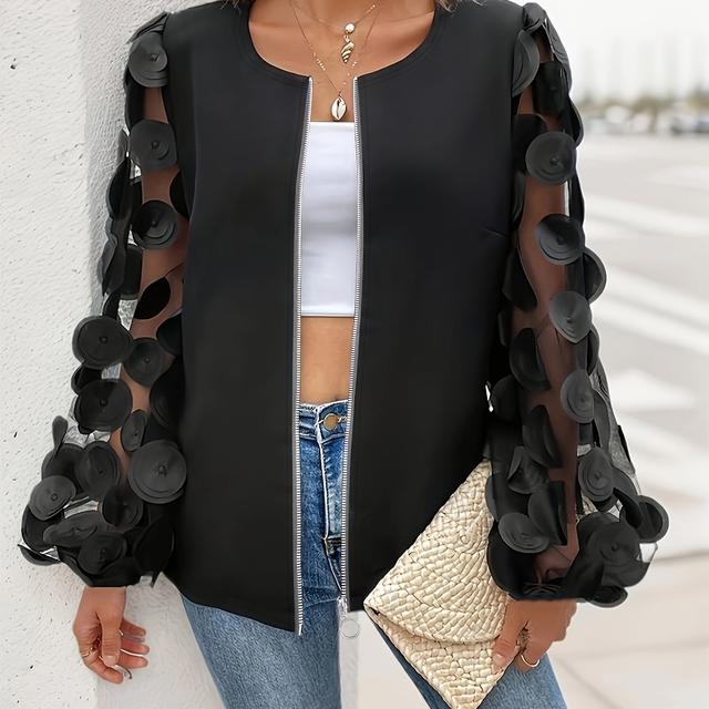 TEMU Grote maten, modieus plus-size jack met applicaties, casual zwarte lichtgewicht bovenkleding