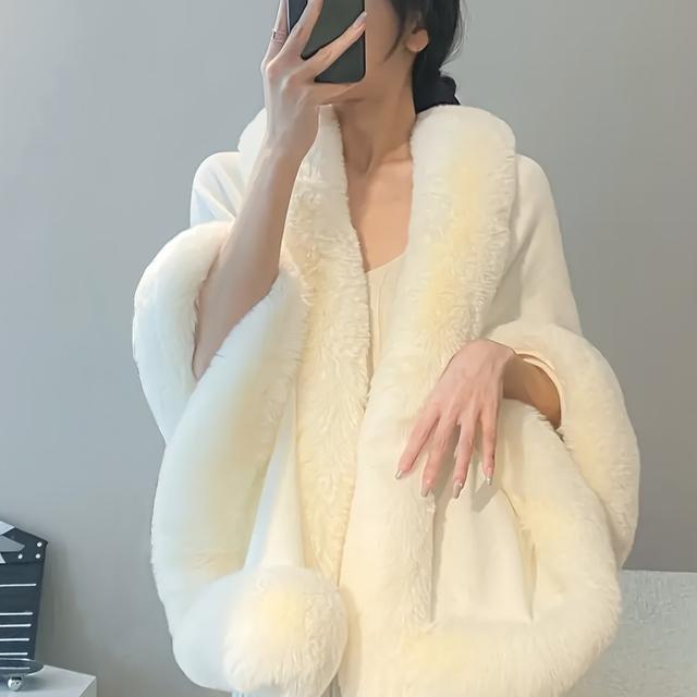 TEMU Plus Size - Women' Acrylic Fur Collar Cardigan - Casual & Elegant Long Sleeve Shawl For Weddings, Evening Parties, And Casual Attire, 25.6" Length, Solid Color, Design, Free Size