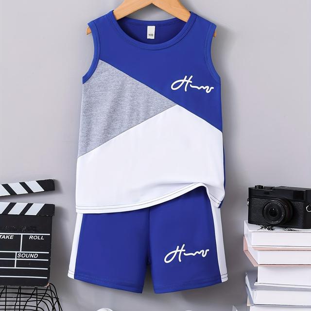 TEMU Ein trendiges Sommeroutfit für Jungen, bestehend aus einem ärmellosen Tanktop und Shorts, mit bunten Blockbuchstaben, für Outdoor-Aktivitäten.