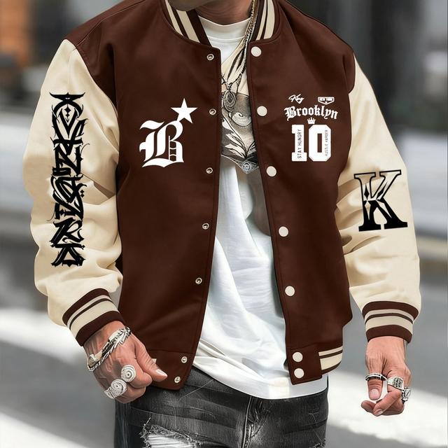 TEMU Trendy Black And White Baseball Jacket With Graffiti Letters | Casual Outerwear With Fiber, Regular Fit, Button Closure, Baseball Collar