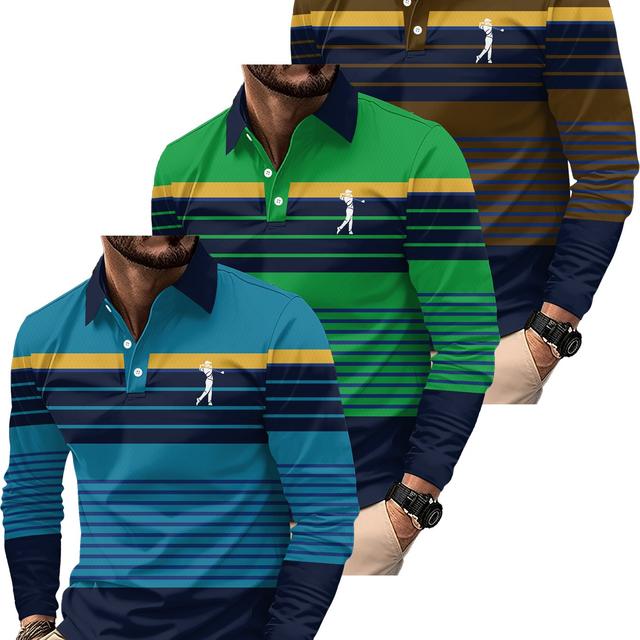TEMU 3pcs Men's Long Sleeve Shirts, Casual Golf Shirts With Gray-white And Green Striped Design With Geometric Patterns, Sporty Style, Men's Long Sleeve Tops