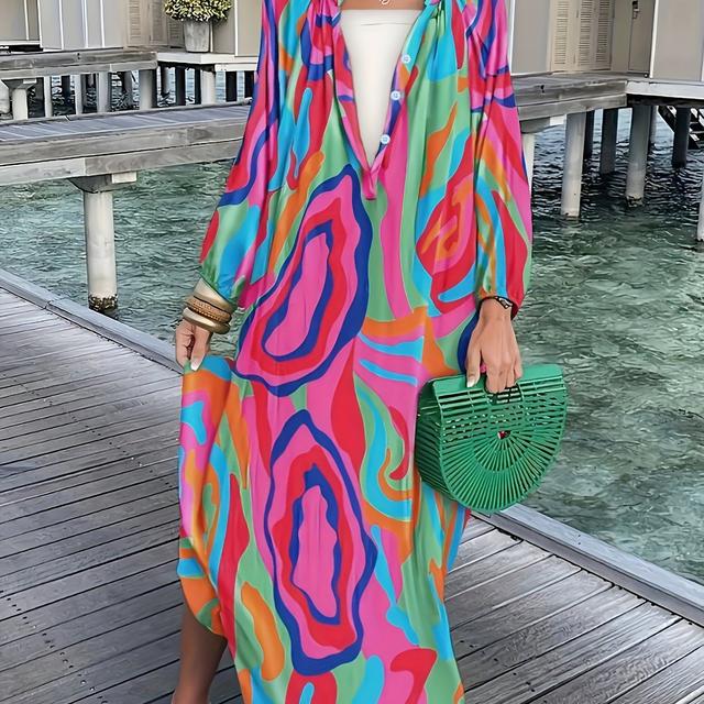 TEMU Plus Size Casual Dress, Women's Plus Abstract Print Long Sleeve Round Neck Stretch Maxi Henley Dress