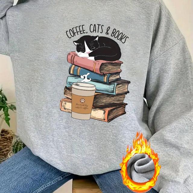 TEMU Women's Casual Long Sleeve Round Neck Sweatshirt - Coffee Cats & Books Graphic Print, Soft Pink, Cozy Pullover For Casual Attire, Machine Washable, Apparel, Nontransparent Fabric