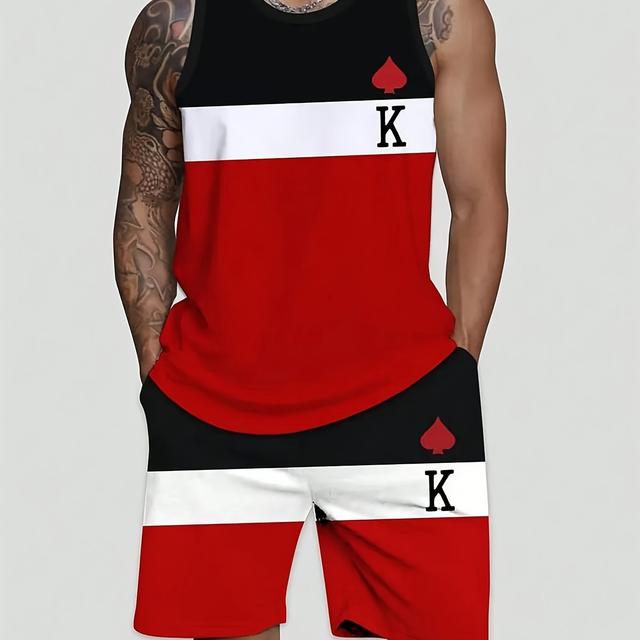 TEMU Summer Men's Color Block Letter Print Sleeveless Top And Drawstring Shorts Casual Daily Set