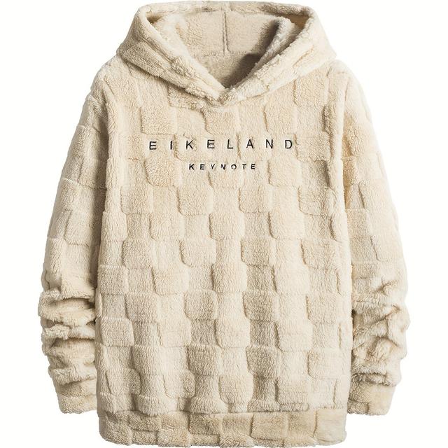 TEMU Eikeland Men's Plush Fleece Sweatshirt - Soft Warm Long Sleeve Hoodie With Embroidered Logo, Beige Casual Pullover For Outdoor, & , Versatile Clothing, Cozy Fabric, Knit
