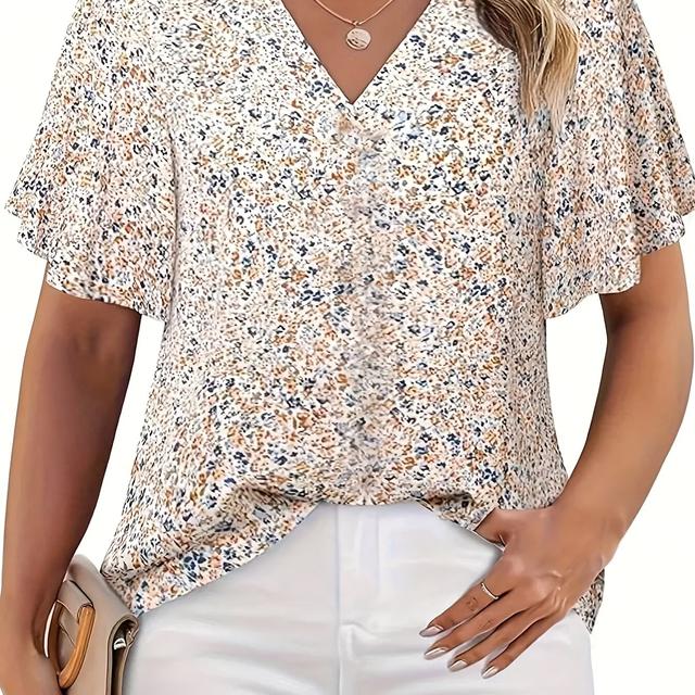 TEMU Women's Floral Print V-neck Short Sleeve Blouse - Lightweight Polyester, Casual Summer Top With Sleeves, Machine Washable