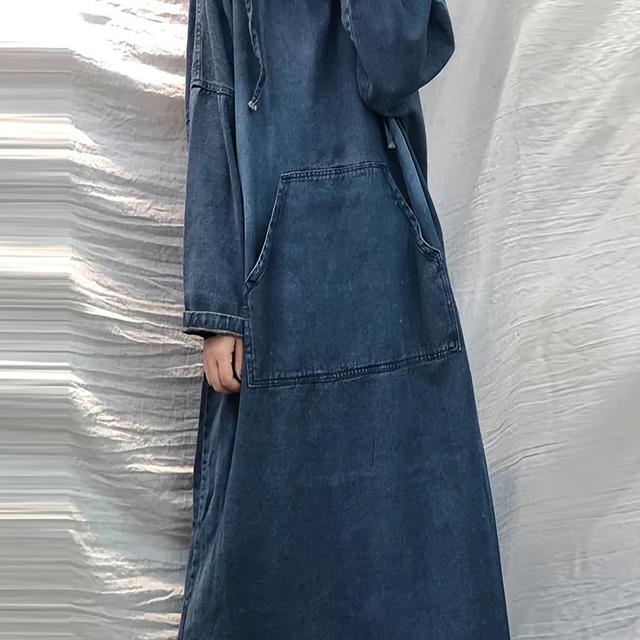 TEMU レディースデニムドレス ロングスリーブ フード付き ルーズマキシドレス Lサイズ ボディカバーチュニック 秋用ドレス