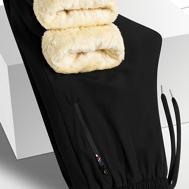 TEMU بنطلون رجالي كاجوال مبطن بالفليس مع جيوب بسحاب - قماش بوليستر ناعم، خصر مطاطي، قابل للغسل في الغسالة، أسود، بنطلون مريح قابل للتعديل | بنطال بقصة واسعة | بنطلون بوليستر ناعم