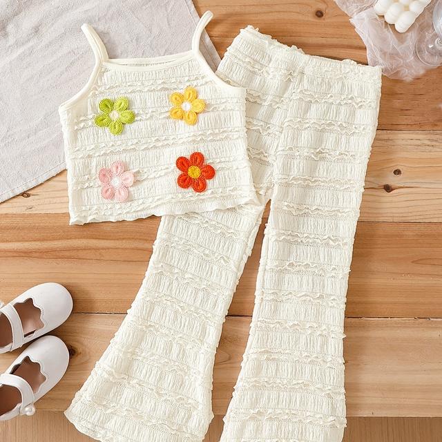 TEMU Girls' Clothing Knitted Jacquard Fabric Set With 3d Floral Decorative Top And Flared Pants, Outdoor