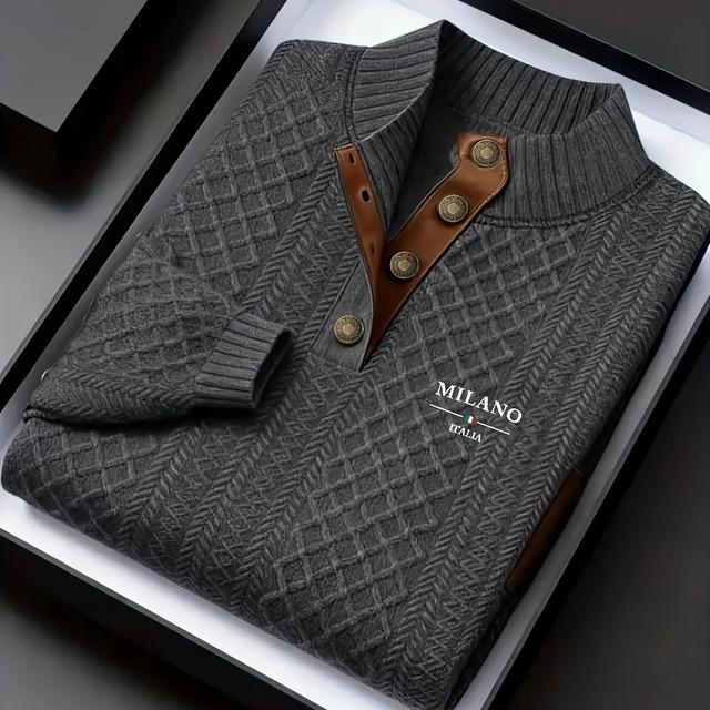 TEMU Men's Autumn And Winter High-neck Jacquard Knit Upgraded Version, A Heavy And Mature Retro Pullover Sweatshirt With Textured Color- Collar And Jacquard Splicing Design