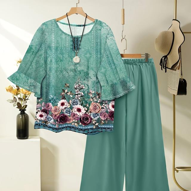 TEMU Ladies' Short-sleeve Top With Floral Print For Spring And Summer, With Loose Wide-leg Pants Featuring An Elastic Waistband