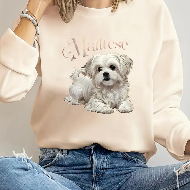 TEMU 1pc Women's Casual Crew Neck Pullover With Elegant Maltese Dog Print, 100% Polyester Knit Fabric, Slight Stretch, Fashion Top With Contrast Collar Detail