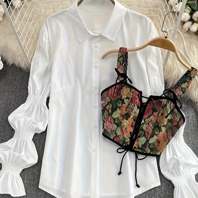 TEMU French 2025 New Women's Spring And Autumn Loose Puff Sleeve White Shirt Two-piece Set With Jacquard Irregular Split Tie Strap Vest Outfit.