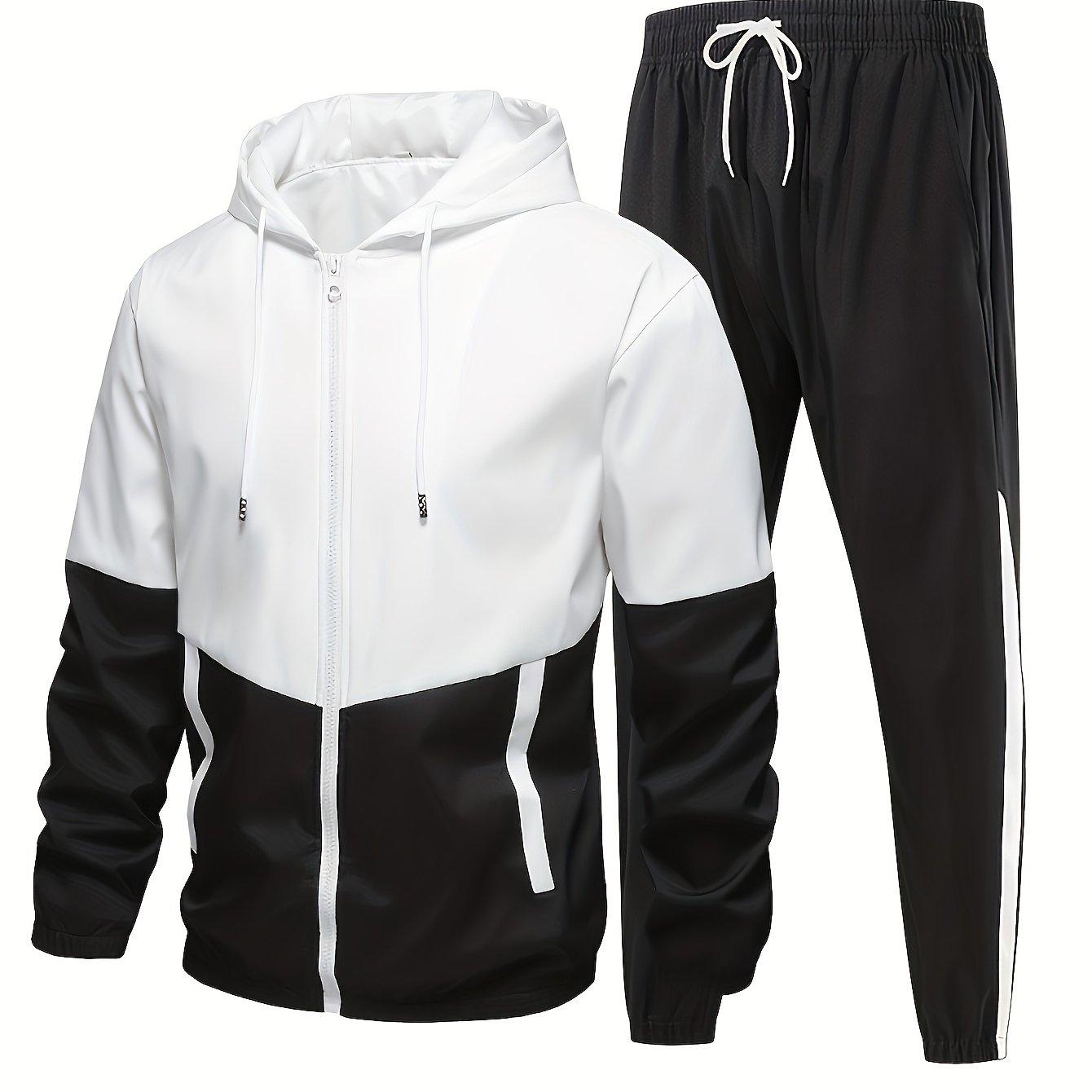TEMU Men's Casual Athletic Tracksuit Set - Multicolor Block Hooded Jacket And Pants, Polyester Fiber, Machine Washable, , Athletic Pants, 2pcs, Fashion Trendy