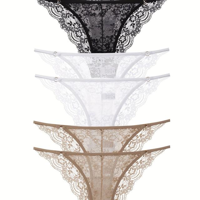TEMU 6pcs Women's Lace Panties - Sexy High-waisted Thong Underwear With Contrast Trim, Breathable Mesh & Elegant Lace Design In Black, White, Beige, And Gray, Lace Underwear
