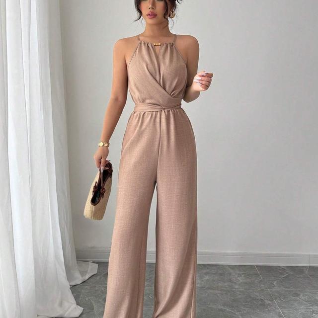 TEMU Women's Spring/summer Casual Pleated Fabric Halterneck Beaded Waist Button And Tie Design Maxi Jumpsuit