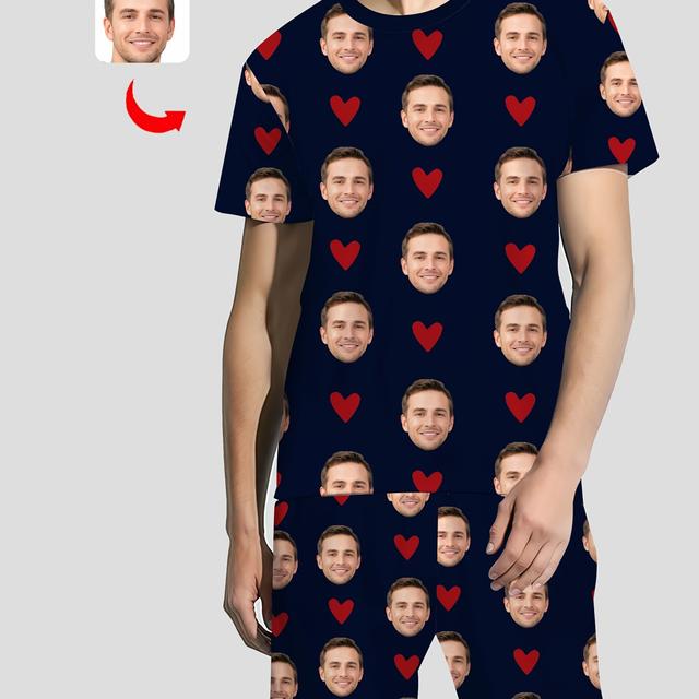 TEMU Personalized Photo Customized Men's Pajamas, Face, Love Print Pajama Set, Comfortable Loose Fashion Short Sleeve Shorts Set