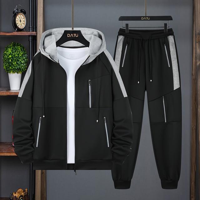 TEMU Conjunto casual de 2 piezas para hombre, sudadera con capucha con cierre y bolsillos, pantalones con cordón de ajuste de bloques de color para hombre.