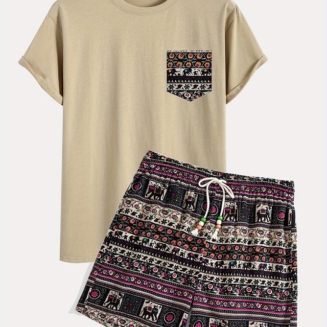 TEMU Casual T-shirt And Shorts Set | Tribal Print With Pocket Detail, Crew Neck, Short Sleeve, Elastic Waistband, Loose Fit For Men