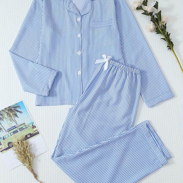 TEMU 청소년용 긴팔 파자마 세트, 파란색과 흰색 프린트, 십대용