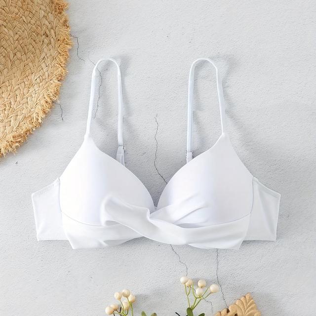 TEMU 1pc Elegant White Bikini Top For Women, Solid Color High Stretch Polyester Knit Fabric With Lace-up Detail, Versatile And Comfortable Swimwear