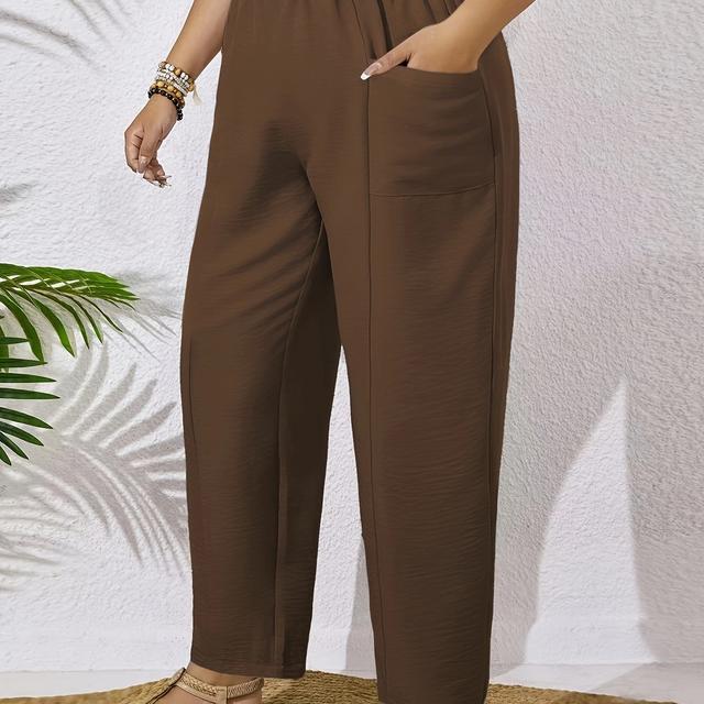 TEMU Women's Elegant Solid Color Mary Crepe Casual Pants, 95% Polyester 5% Spandex, Non-stretch Woven Fabric, Straight Leg Trousers, 140g/m²