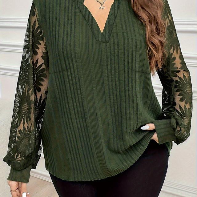 TEMU Plus Size - Plus Size - Plus Size Damen Weiches Geripptes Shirt mit Patchwork-Transparenten Panels und Gestickten Sonnenblumen, Thanksgiving Outfit, Damen Neujahrs Outfit