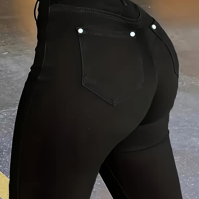 TEMU Plus-size Women's Black Denim High Waist Skinny Jeans With Multiple Buttons And Elasticity