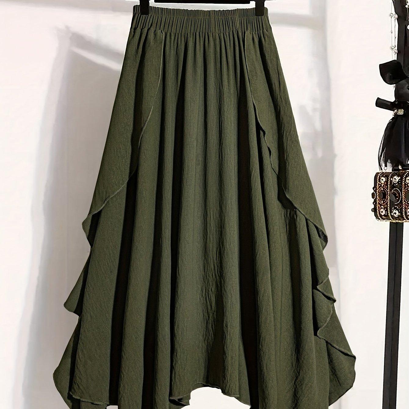 TEMU Falda Midi Asimétrica de Talla Grande para Mujer, Cintura Elástica, de Volantes, Color Sólido, Casual y , Ropa de Talla Grande, Estilo Europeo y Americano, Estilo Coreano